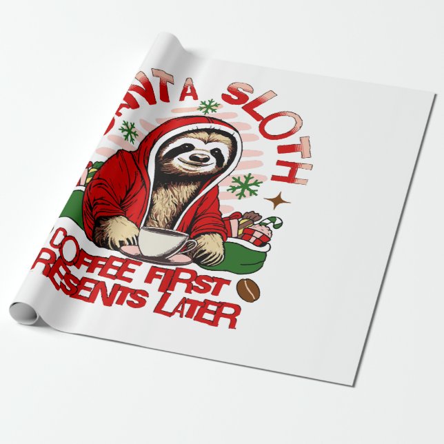 Santa sloth sipping coffee  wrapping paper (Unrolled)