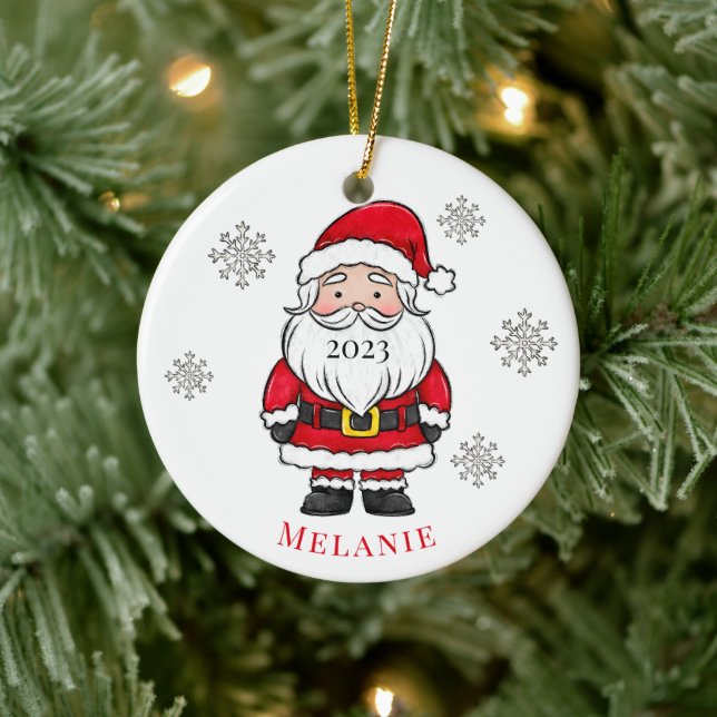 Santa Snow Year Christmas Tree Holiday Name Ceramic Ornament (Tree)
