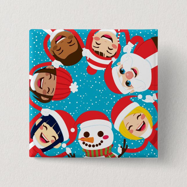 Santa Snowman And Children Holding Hands 2 Inch Square Button (Front)