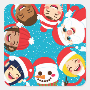 Santa Snowman And Children Holding Hands Square Sticker