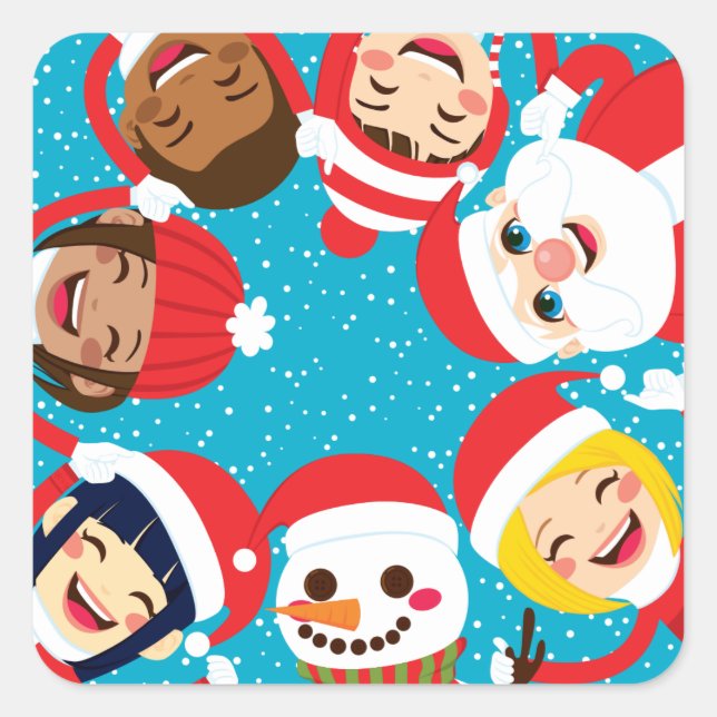 Santa Snowman And Children Holding Hands Square Sticker (Front)