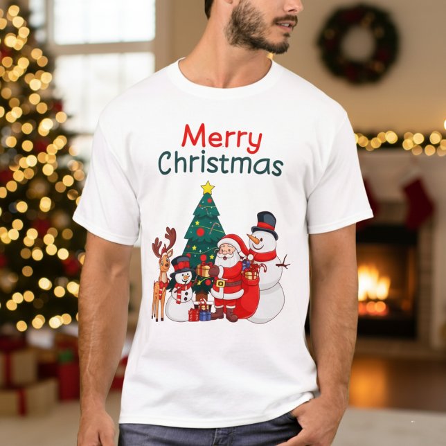 Santa Snowman And Reindeer Festive Merry Christmas T-Shirt (Creator Uploaded)
