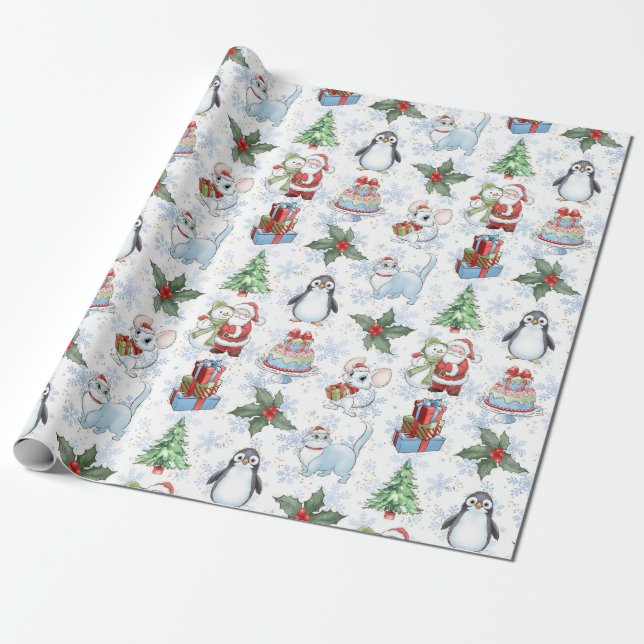 Santa Snowman Cat Penguin Wrapping Paper (Unrolled)