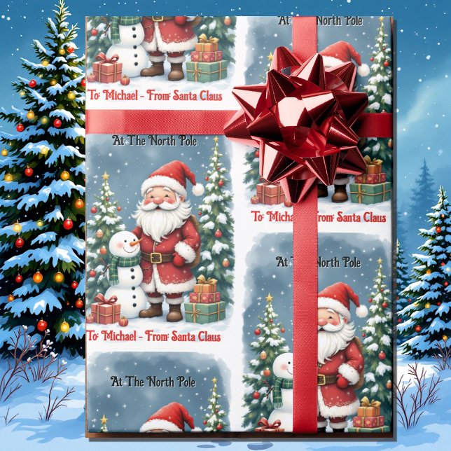 Santa & Snowman Personalize Name Kid's Christmas Wrapping Paper (Creator Uploaded)
