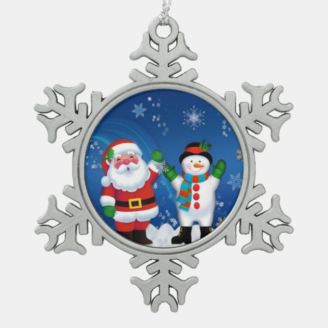 Santa & Snowman Pewter Snowflake Ornament (Front)