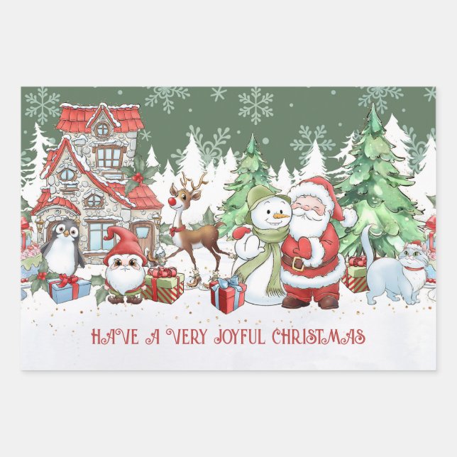 Santa Snowman Reindeer Christmas Wrapping Paper (Front)