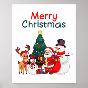 Santa Snowman Reindeer Festive Merry Christmas Poster