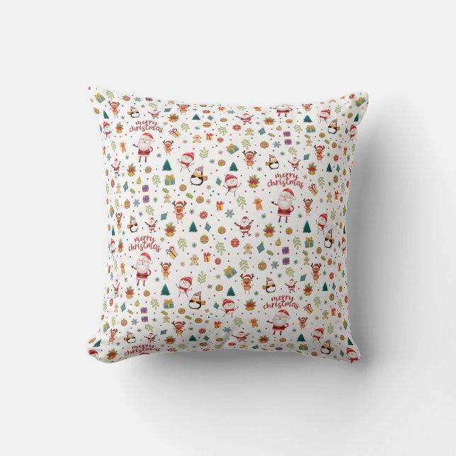 Santa, Snowman, Reindeer, Pattern Merry Christmas Throw Pillow (Front)