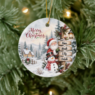 Santa & Snowman Signpost Family Photo Christmas Ceramic Ornament