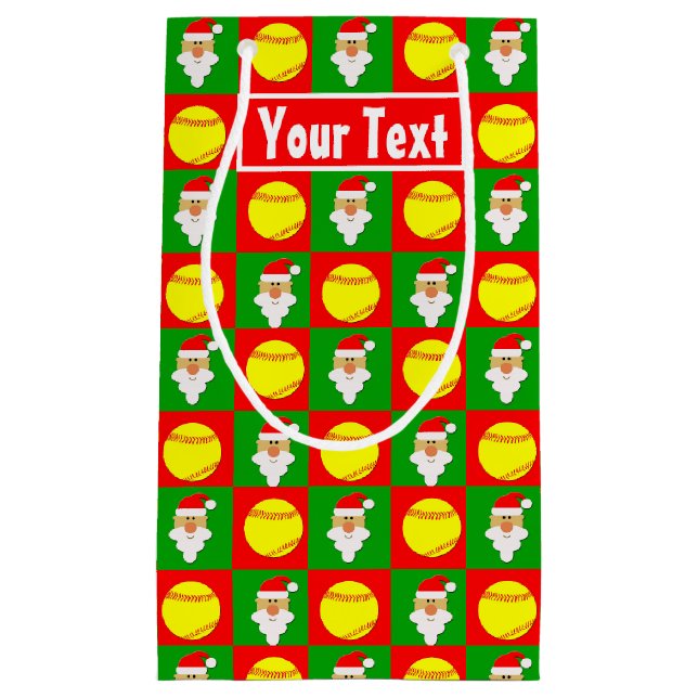 Santa Softball Player Custom Name / Text Christmas Small Gift Bag (Front)