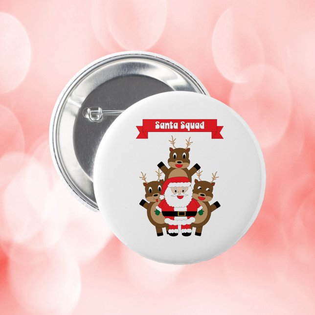Santa Squad Funny Reindeer 2 Inch Round Button (A pin back button with a funny picture of Santa and his reindeer and a banner that says Santa Squad.)