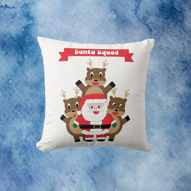 Santa Squad Funny Reindeer Throw Pillow (A throw pillow with a funny picture of Santa and his reindeer.  The red banner reads Santa Squad.)