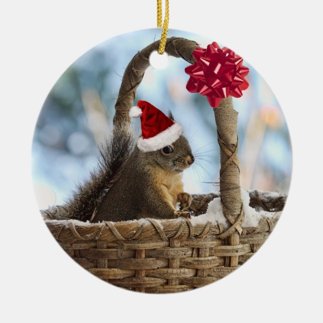 Santa Squirrel in Snow Ceramic Ornament (Front)