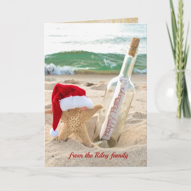 Santa Starfish with holiday message in a bottle Card (Front)