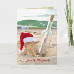 Santa Starfish with holiday message in a bottle Card