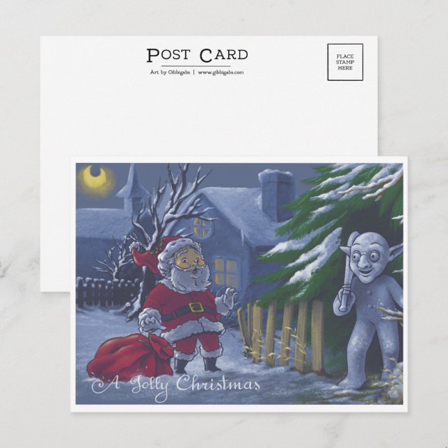 Santa startled by a snow Gnome illustrated card (Front/Back)