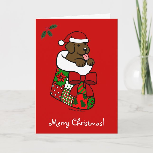 Santa Stocking Chocolate Lab Puppy Cartoon Holiday Card (Front)