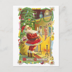 Santa, Stockings and Stars Vintage Christmas Holiday Postcard
