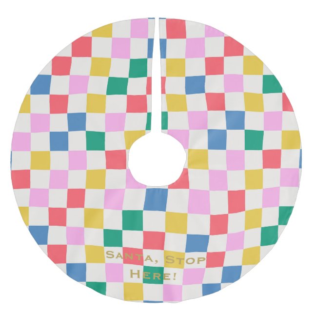 Santa, Stop Here! Colourful chequered personalized Brushed Polyester Tree Skirt (Front)