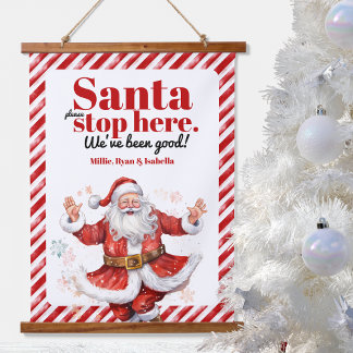 Santa Stop Here Modern Red White Stripe Christmas Hanging Tapestry