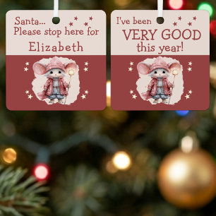 Santa stop here name cute mouse pink metal ornament