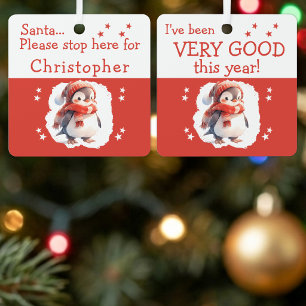 Santa stop here name cute penguin red metal ornament
