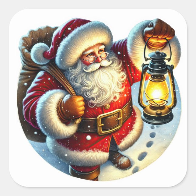 Santa Strolling Through Snow at Night Square Sticker (Front)