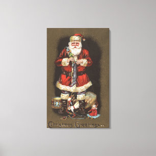 Santa Stuffing Stocking with Nutcracker Canvas Print