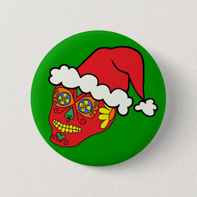 Santa Sugar Skull 2 Inch Round Button (Front)