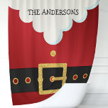 Santa Suit Christmas Monogram<br><div class="desc">Celebrate the festive season with this playful Santa suit shower curtain, featuring a customizable family name monogram. The design mimics Santa's classic suit, complete with a glittery belt buckle and white fur trim, adding a whimsical and joyful touch to your bathroom decor. Made from high-quality fabric, this curtain ensures durability...</div>