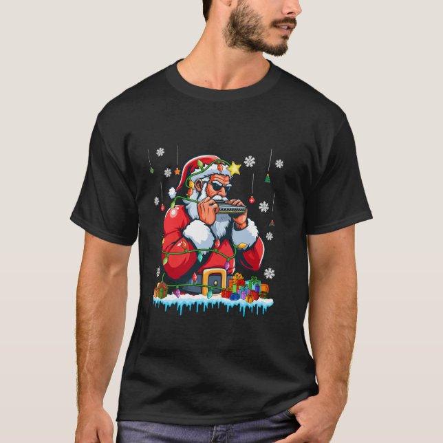 Santa Sunglasses Playing Harmonica Music Instrumen T-Shirt (Front)