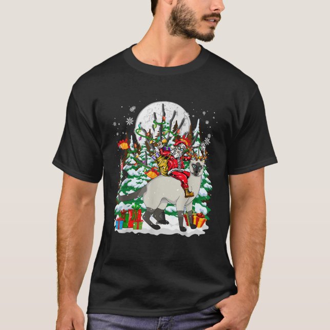 Santa Sunglasses Riding Cute Reindeer Siamese Cat  T-Shirt (Front)