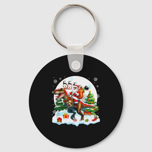 Santa Sungles Riding T-rex Reindeer Christmas Snow Keychain (Front)