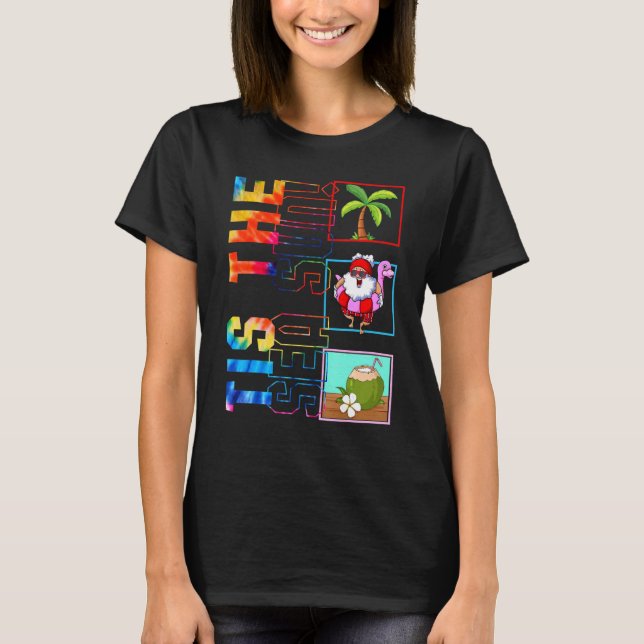 Santa Surf Coconut Float Tis The Sea Sun Christmas T-Shirt (Front)