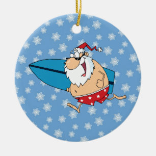 santa surfing ceramic ornament