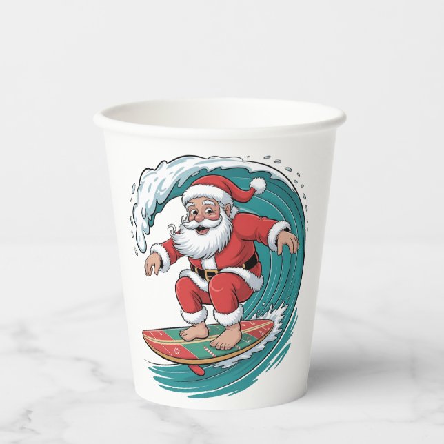 Santa Surfing Christmas Surf X-mas Festive Holiday Paper Cups (Front)