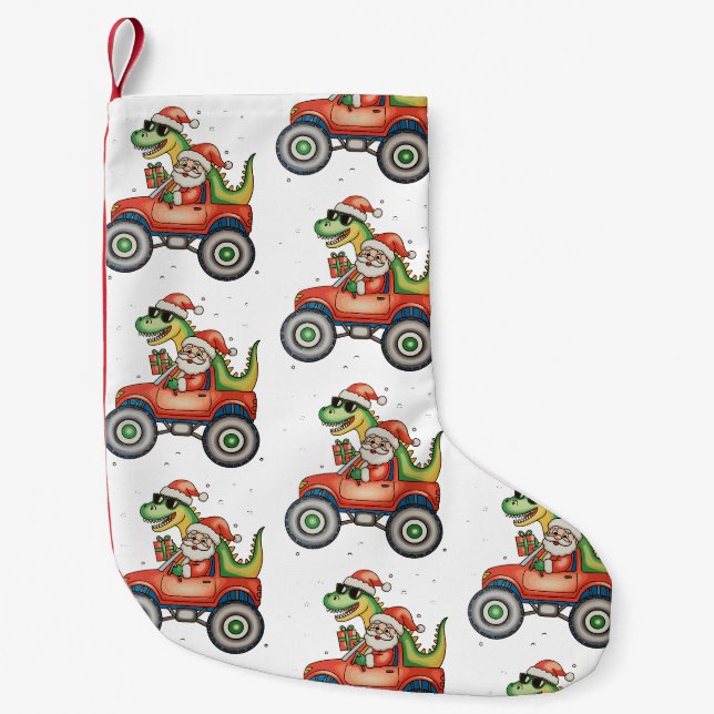Santa T Rex Dinosaur Monster Truck Christmas Xmas Small Christmas Stocking (Front)