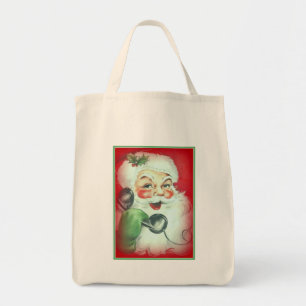 Santa Talking on Telephone Canvas Christmas Tote Bag