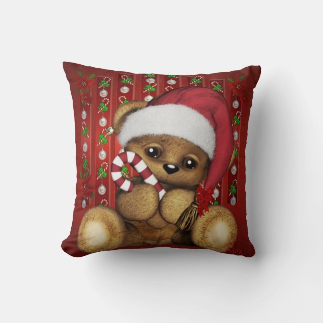 Santa Teddy Bear with Candy Cane Throw Pillow (Front)