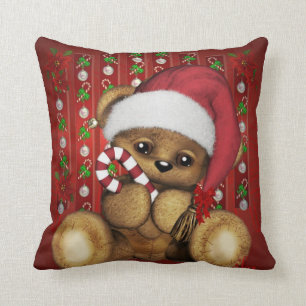 Santa Teddy Bear with Candy Cane Throw Pillow