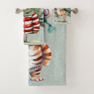 Santa Tiger and a Deer Pine Tree Christmas Bath Towel Set