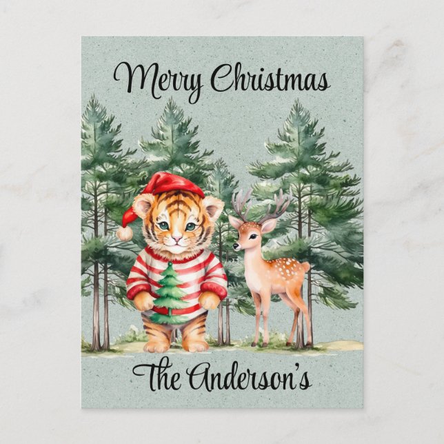 Santa Tiger and a Deer Pine Tree Christmas  Postcard (Front)
