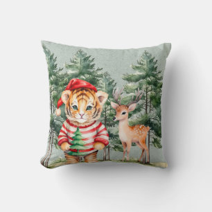 Santa Tiger and a Deer Pine Tree Christmas  Throw Pillow