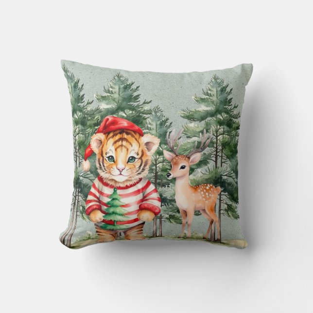Santa Tiger and a Deer Pine Tree Christmas  Throw Pillow (Front)