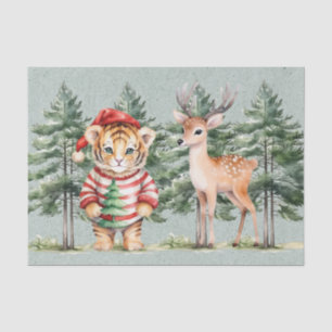 Santa Tiger and a Deer Pine Tree Christmas  Tissue Paper