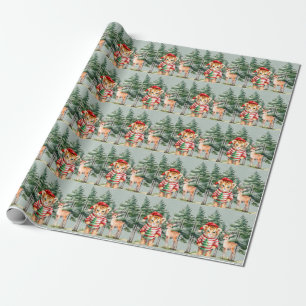Santa Tiger and a Deer Pine Tree Christmas Wrapping Paper