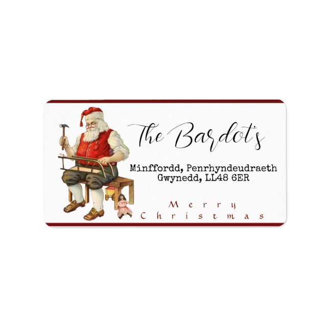 Santa Toy-Making Merry Christmas Script Vintage Label (Front)