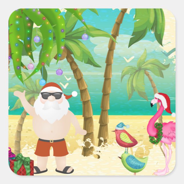 Santa, Tropical Birds, Palm Trees Beach Christmas Square Sticker (Front)