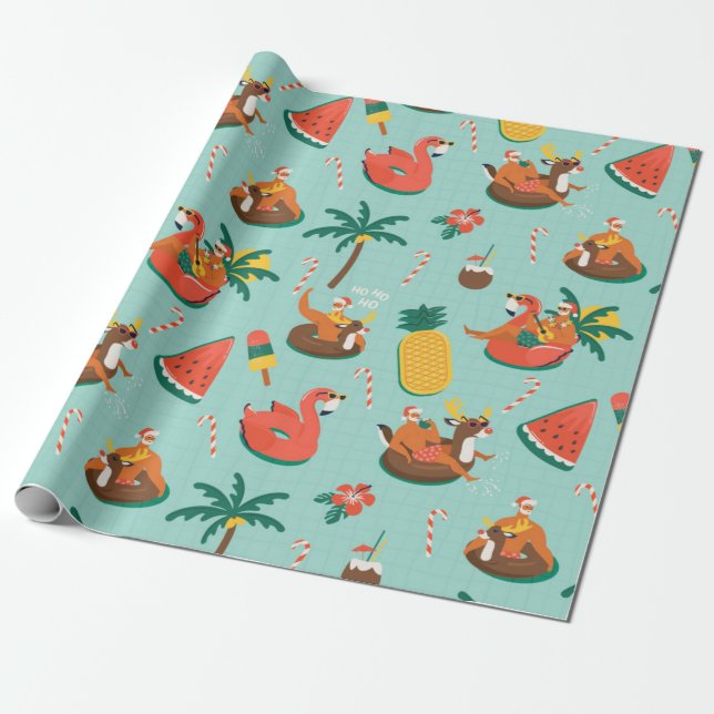 Santa Tropical Christmas Pattern Wrapping Paper (Unrolled)