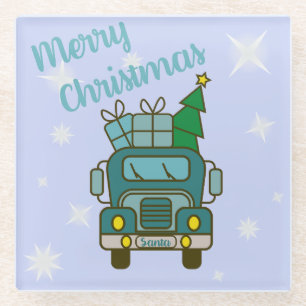 Santa truck front view Merry Christmas Glass Coaster